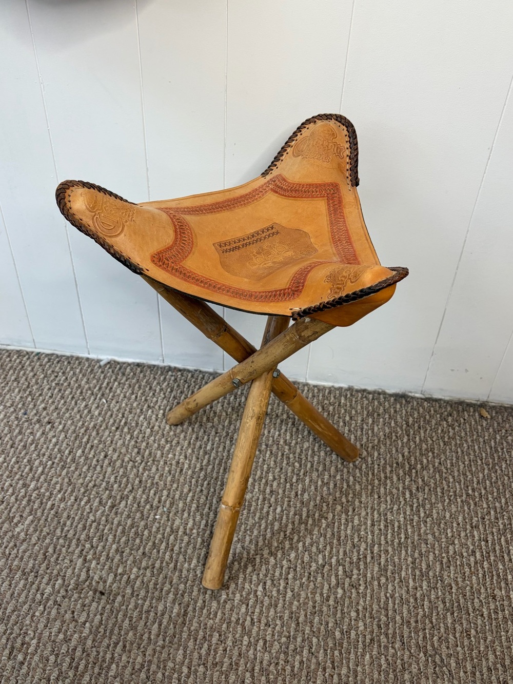 Vintage Hand Tooled Leather Saddle Stool Folding Chair Tripod Corona Beer Decor